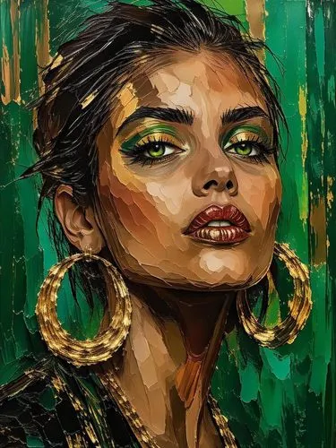 Prompt: "Impasto oil painting, intense portrait of a woman with piercing green eyes and vibrant metallic makeup. Broad, expressive palette knife scrapes define the structure of her face. The large gol