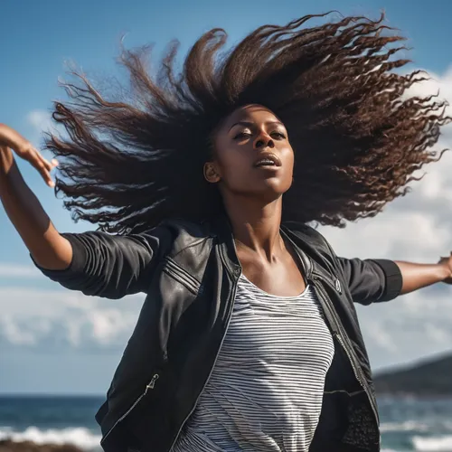 a cool black woman standing in a cool position with her long hair being blown by air in a very cool way,artificial hair integrations,management of hair loss,sprint woman,divine healing energy,little g