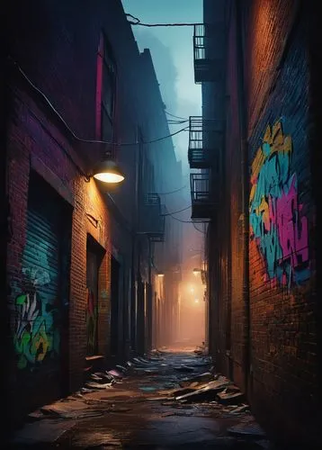 Urban graffiti scene, dark alleys, city nights, street art, vibrant colors, abstract shapes, 3D effects, bold fonts, stylized letters, ripped posters, torn papers, brick walls, dim streetlights, atmos