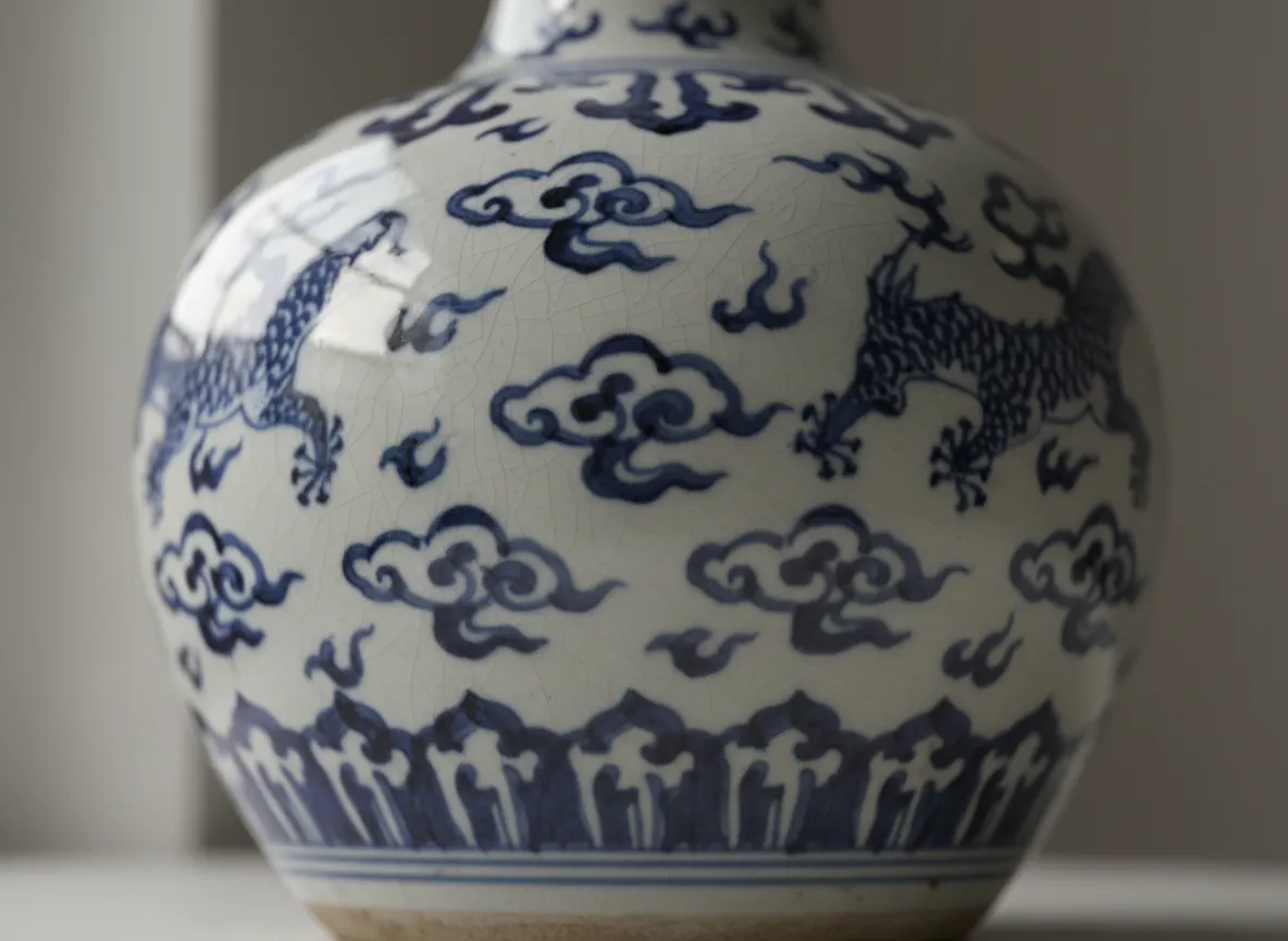 Un primo piano di un vaso di porcellana generato dall'IA, che evidenzia lo smalto lucido realistico e la fine texture della porcellana blu.