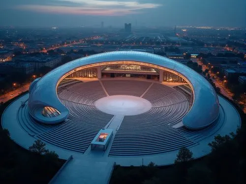 Futuristic amphitheater, innovative architecture, circular seating arrangement, stairs, grandeur entrance, Roman-inspired columns, sleek glass roofing, metallic framework, LED lighting, nighttime, cit