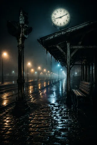 A fog-drenched railway platform at night, shot on a full-frame camera, 24mm lens, f/1.8, long exposure. A massive illuminated round clock glows above a weathered wooden canopy, its face casting a soft