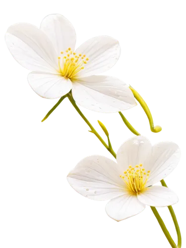 Delicate white flowers, petals unfolding, center yellow stamens, gentle curves, soft focus, dreamy ambiance, morning dew droplets, subtle natural light, 3/4 composition, shallow depth of field, warm c