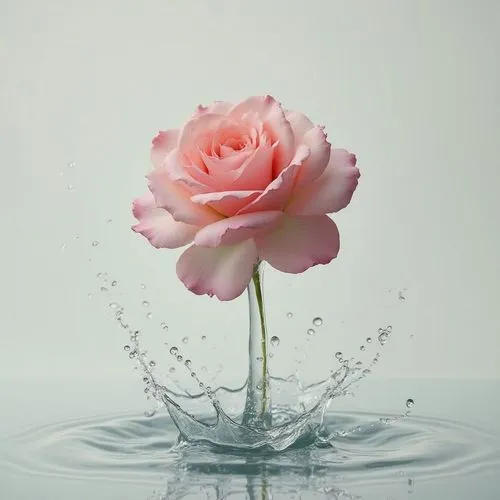 капля воды , внутри капли красивая нежно - пудровая роза , без стебля, только сам цветок .  Капля падает вниз и разбивается на брызги , фон нейтральный , гипер реалистично, детализировано , как искусс