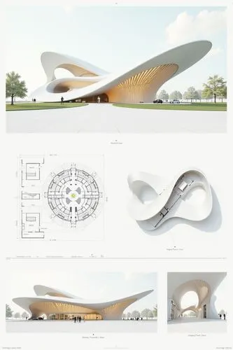 A professional architectural presentation board with a Pure background and a clean, minimalist design layout. The board includes:

Top Section: On the top left, a photorealistic render of a contempora