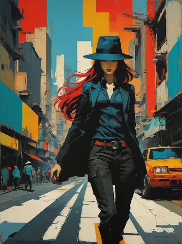 A powerful female character, in the style of frank miller, jake wood - evans, yoji shinkawa, urban pop, urban landscape, colorful and bold ,transistor,pedestrian,woman walking,a pedestrian,sprint woma