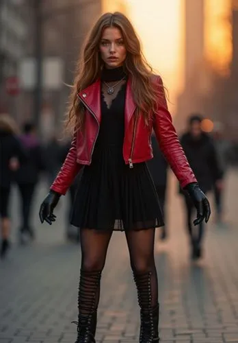 a striking full-body photograph of a beautiful 23-year-old Caucasian woman with long brown hair cascading to her shoulders, adorned in a black dress with a neckline and a bold red leather jacket, comp