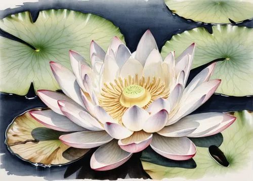 Delicate lotus flower, petals softly unfolding, subtle pink and white hues, gentle ripples on the pond's surface, serene and peaceful atmosphere, warm sunlight casting a golden glow, few water lilies 