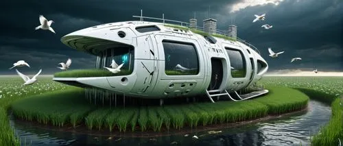 Grass house in the grass feild. A boat floating in the stream. Water mill. White birds are flying. ,camper van isolated,helicopter,teardrop camper,spotify icon,futuristic landscape,airship,cablecar,ro