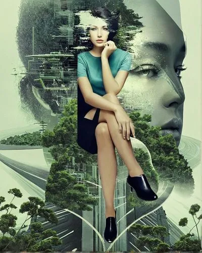 collage Design, portrait, futuristic, high tech,a po of a woman sitting with a tree in front of her,photo manipulation,double exposure,abstract retro,vertigo,woman thinking,fragmented,retro woman,girl
