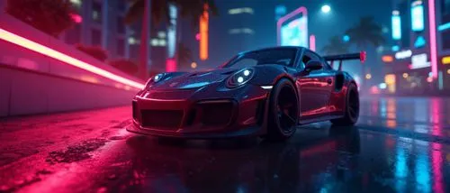 miami beach,cyberpunk car,a futuristic car sits in front of an empty city street,outrun,light trails,light trail,night lights,colored lights,light show,neon,electric,neon arrows,cinematic,corvette,lig