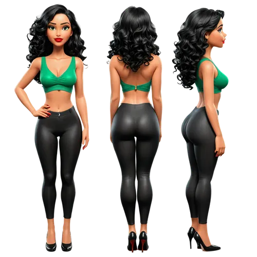 Create only high resolution images, pixar 3d, 4k, character sheet style, like a paper doll, A pose style. She must be wearing shiny black lycra leggings, a green cropped top t-shirt with a V-neck. On 