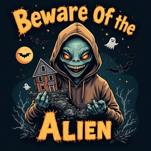 A funny t-shirt design featuring a scary alien with sharp teeth and glowing eyes holding a haunted house. The alien is wearing a hoodie. The haunted house has a few bats flying around it. There are gh