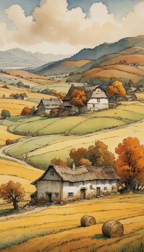 A picturesque autumn landscape, rolling hills, rustic farmhouses, haystacks, harvest season, warm and earthly tones, rich details.,farm landscape,autumn landscape,rural landscape,fall landscape,autumn