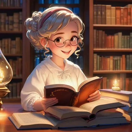 a young woman reading a magical book in a library at night Masterpiece, Best Quality, flat, Manga Scan, Anime, cinematic lighting, drawn Art, by Studio Trigger, clip studio paint, Anime Wallpaper, Dee