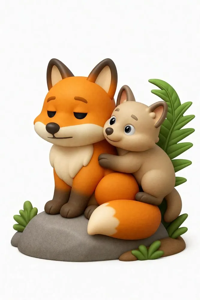 a fox and two little bears cuddling close together