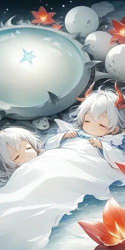 an anime character laying in bed with a fish in it,starry sky,falling stars,sleeping apple,falling star,stevenstone,lullaby,sleeping,weiss,sleepy sheep,asleep,dream world,napping,sleeps,sleep,stargazi