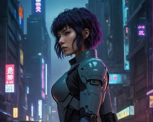 Major Motoko Kusanagi, Ghost in the Shell, alternative cyberpunk architecture, futuristic cityscape, neon lights, holographic advertisements, towering skyscrapers, intricate circuitry patterns on buil
