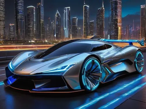Futuristic 800V architecture, high-tech cars, sleek aerodynamic design, metallic silver body, glowing blue lines, neon lights, gull-wing doors, giant wheels with intricate spokes, low profile tires, a