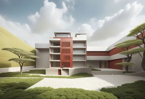 an artistic rendering of the front of a building with trees and bushes in front,prefab,modern house,frame house,render,prefabricated,prefabs