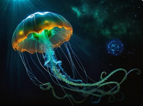 Bioluminescent metroid jellyfish, translucent umbrella-shaped bell, glowing blue-green tendrils, iridescent spots, flowing wavy tentacles, floating in zero gravity, dark space background, stars twinkl