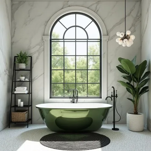 A luxurious and bright bathroom featuring a large arched window with black metal framing that provides an abundance of natural light and offers a lush green outdoor view, the walls are clad in polishe