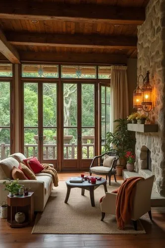 Rustic wood accents, Christmas vibe, exposed beams, wooden trusses, natural stone walls, earthy color palette, cozy reading nooks, oversized windows, stained glass details, decorative trims, ornate fi