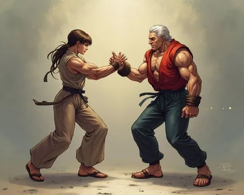 Street Fighter II characters, Mortal Kombat characters, Tekken characters, Fighting game, Martial arts poses, two characters fighting, heath bars, One v one fight, Ken, Ryu, Guile, Sagat, Vega, Chun L