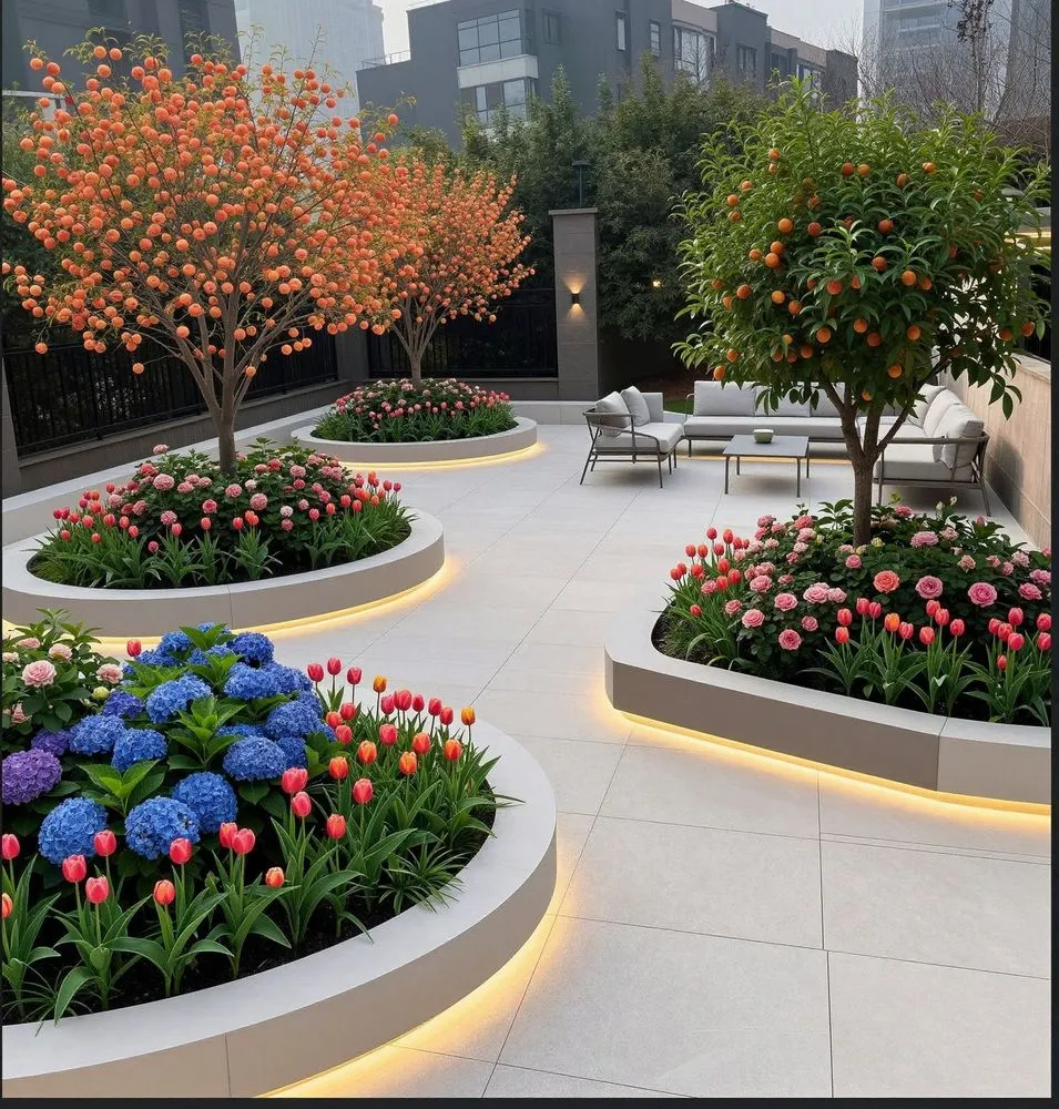 flowers in an outdoor garden with benches and benches