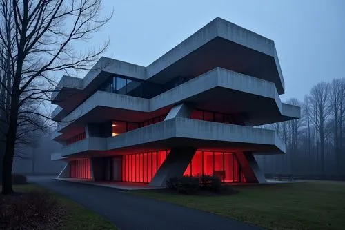 Haunted house, Scary building, Scary-Looking Structures, red lignts, Envision structures that evoke an atmosphere of dread and mystery, buildings, dark, dangerous,,a large gray building with many ligh