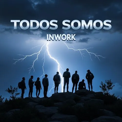 A silhouette of a team of technology workers on a mountain top, with a giant lightning bolt in the background and a bright metallic text "TODOS SOMOS INWORK" in the foreground.,a group of people stand
