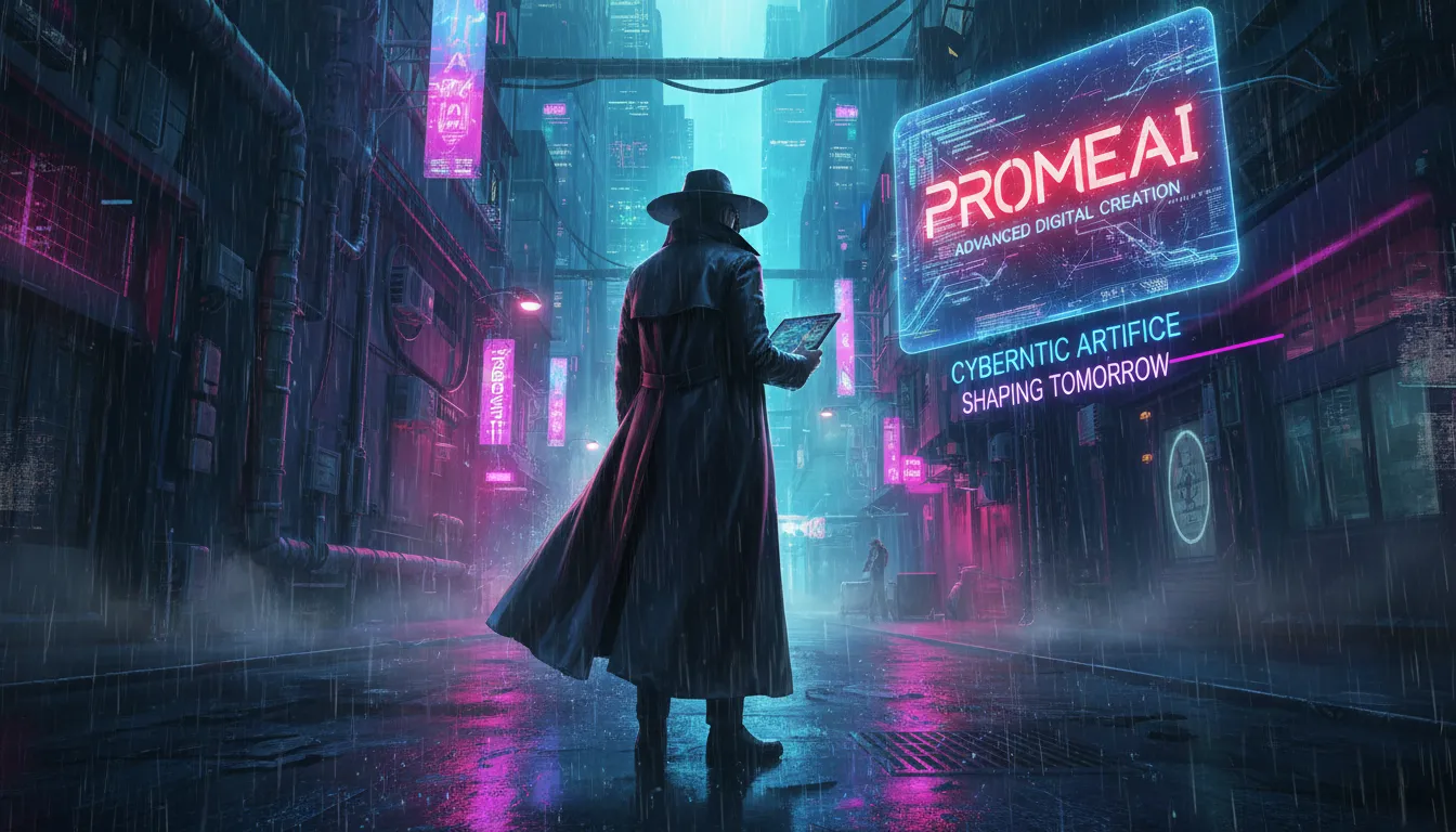 Un poster Cyberpunk iperrealistico creato con PromeAI, che mostra una figura solitaria con un lungo cappotto in un vicolo piovoso illuminato da luci al neon.