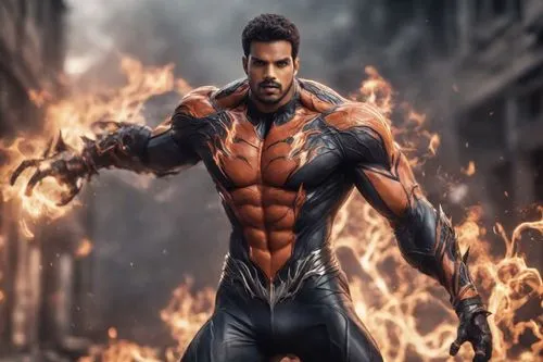 "rugged looking muscular man having firey venom symbiote powers,the dc superhero character in action,krrish,atharva,tandava,arjun,devgn,natwarlal,bharath,indrajith,singham,nagraj,badlapur,kanth,jagdis