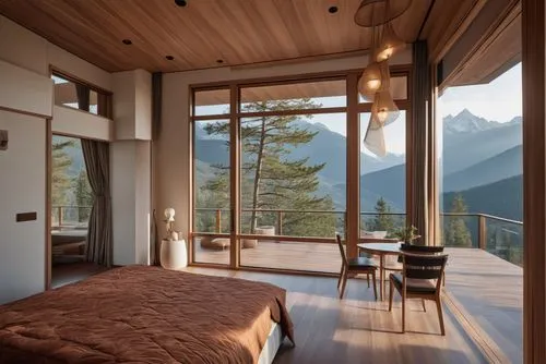 house design mountain, Bedroom with huge floor-to-ceiling windows,the cabin in the mountains,house in the mountains,house in mountains,chalet,wood window,bedroom window,mountain huts,sleeping room,mou