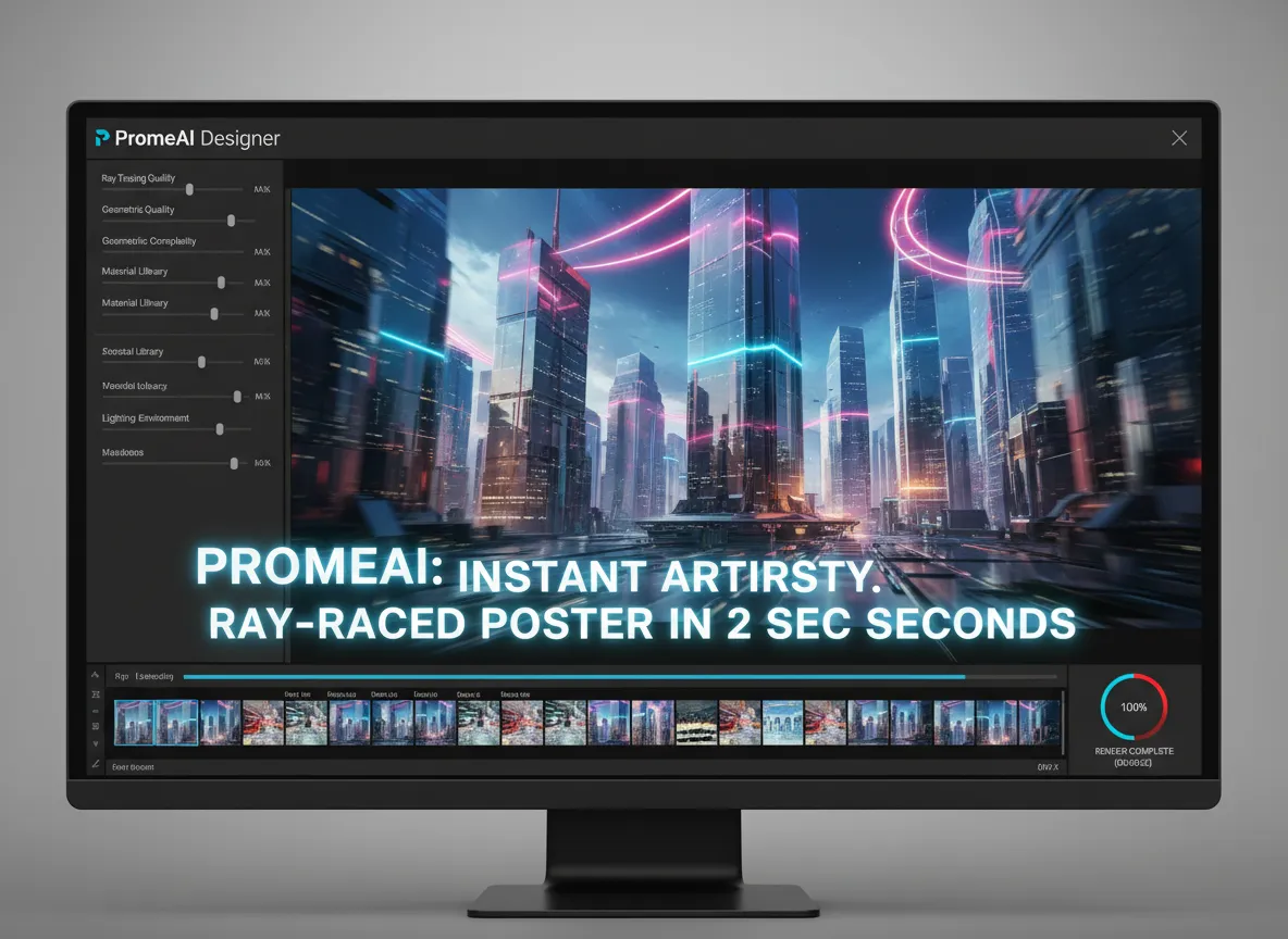 PromeAI का इंटरफ़ेस तेज़ी से सेकंडों में एक जटिल रे-ट्रेस्ड पोस्टर डिज़ाइन बना रहा है, यह दिखाता हुआ एक एनीमेशन।