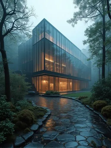 cinematic photo (High tech architectural style, High-tech architecture, glass facade,reflective surfaces, illuminated windows, minimalist design, structural glass,:1.2),primeval forest background,natu