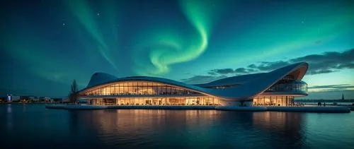 An awe-inspiring, monumental architectural marvel floating on a calm, mirror-like ocean under a breathtaking night sky illuminated by the Northern Lights. The building’s sweeping, grand curves and scu