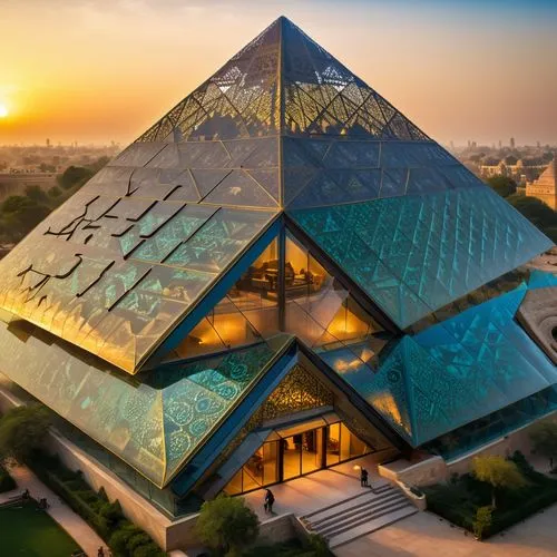 Indian Pavilion intertwining ancient and modern architecture, adjacent to the pyramids, showcasing vibrant glass facade displaying Indian patterns, canopy casting intricate shadow designs, serving as 