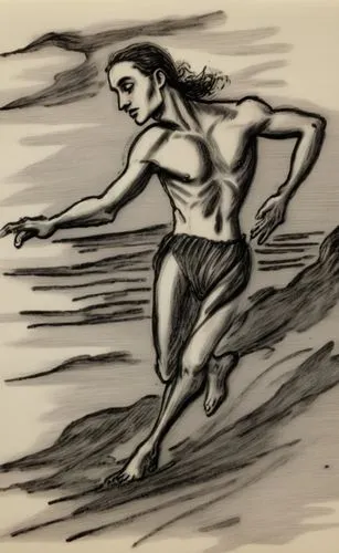 Rough, heavily pressed, bold black ballpoint pen sketch with thick, intense lines and strong strokes. Clean background.,the boy is running through the water,naiad,female swimmer,man at the sea,female 