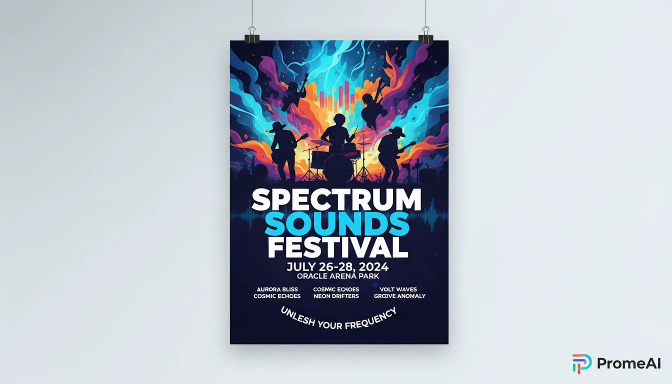 एक संगीत समारोह के लिए PromeAI द्वारा बनाया गया एक जीवंत और पेशेवर पोस्टर, जिसमें गतिशील रंग और स्पष्ट टाइपोग्राफी दिखाई गई है।