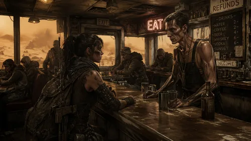 postapocalyptic, an old diner interior, a young survivalist warrior woman ordering a drink, a man bartender with scars, the guy is skinny, other people are in the diner, outside of the diner is a sand