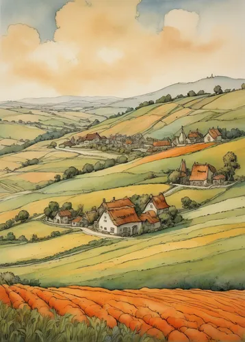 beautiful rolling hills with carrot farm in the distance, warm colours.,farm landscape,rural landscape,dorset,exmoor,devon,yorkshire,carol colman,george russell,sussex,hayfield,rolling hills,shaftesbu