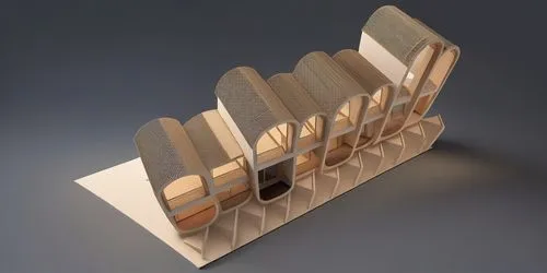 a cardboard structure that has several sections open,wooden ruler,wooden mockup,plate shelf,wooden pencils,wooden shelf,zithers,wooden board,wooden pegs,wooden instrument,wooden sled,corrugated cardbo