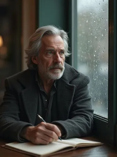 A solitary poet sitting at an outdoor café in the rain, lost in thought. He’s in his 60s, with silver hair, a neatly trimmed beard, and a woolen coat draped over his shoulders. A worn leather notebook