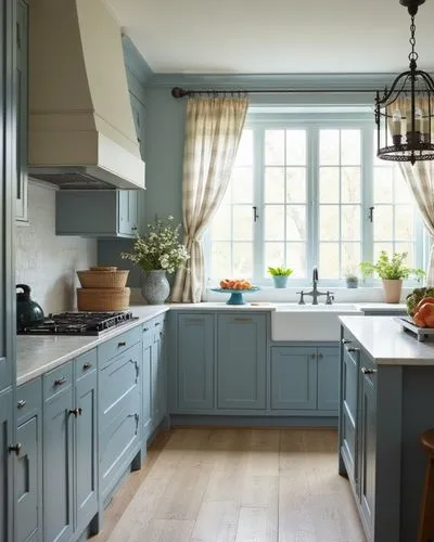 A serene indoor design emphasizing natural materials and a muted blue palette. The cabinetry in soft grey-blue tones is paired with rustic wooden flooring and a marble-textured island. A large window 