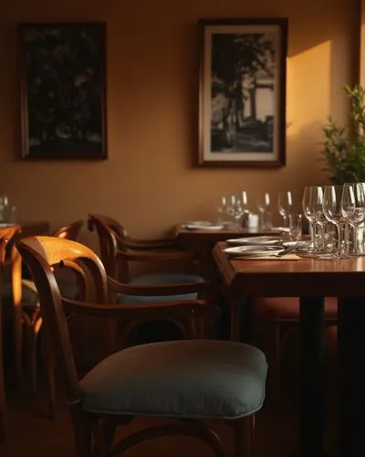 Create an image of a cozy restaurant interior during the golden hour, emphasizing a warm and inviting atmosphere. The color palette should consist of rich browns, soft amber tones and deep shadows, cr