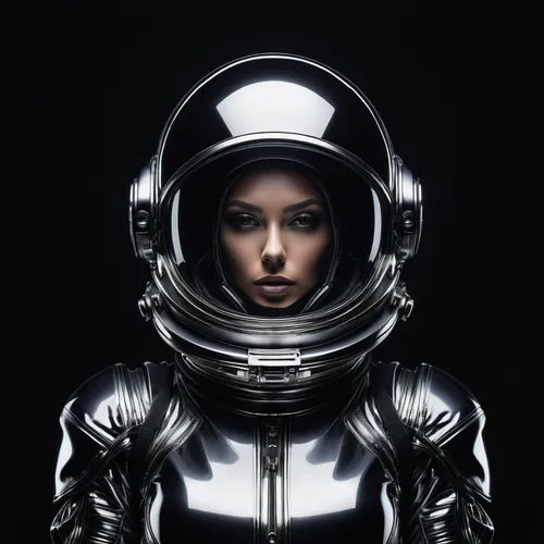 futuristic astronaut fashion, symetrical, front view, an astronaut with a metal chrome space suit, epic, cinematic, vibrant, luminous, photography, detail, black background ,spacesuit,space suit,space