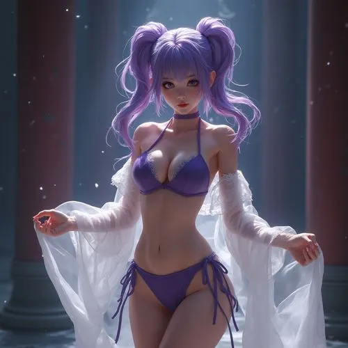 masterpiece, 8k, ultra high quality, enhanced shadows, beautiful women, purple hair, purple bikini, white see through cape, standing in the middle of a temple,a very  girl posing for a digital po,mega