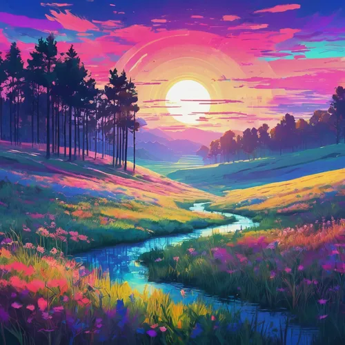 Compose a peaceful poem about the serenity of a fallow meadow at dawn.,purple landscape,landscape background,colorful background,springtime background,nature landscape,meadow in pastel,blooming field,