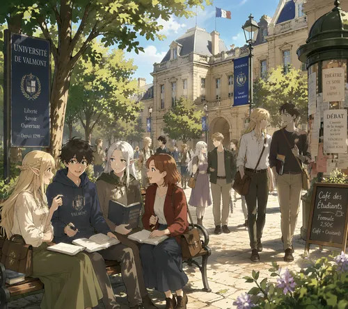 Manga style:

A slice-of-life scene on a French university campus where elves and humans mingle.
Some are sitting on a bench discussing their classes, while others walk along, talking about other topi